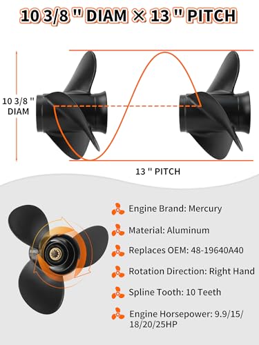 Image of OULEME 48-19640A40 Aluminum Boat Propeller, 10 3 /8 x 13, for Mercury Outboard 9.9 /15 /18 /20 /25 HP Motors, 10 Tooth Spline, 3-Blade, RH