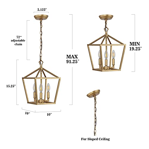 Image of JONATHAN Y Ojai Pagoda Pendant Lantern 10 inch, Brass Gold | 3-Light, Metal Frame Construction, LED Bulbs Included, Adjustable Chain, Classic Farmhouse Chandelier, Entry Foyer Decor