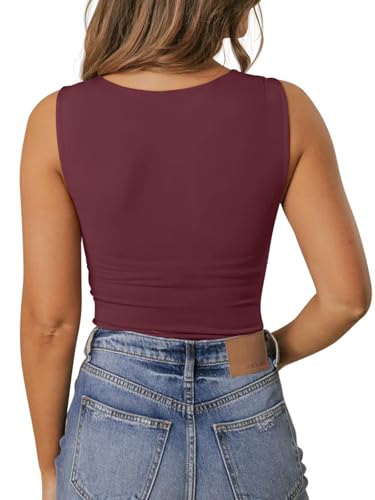 PINKMSTYLE V Neck Tank Tops for Women Tight Double Lined Sleeveless Top Basic Y2K Summer Going Out T-Shirts Burgundy Large — view 6