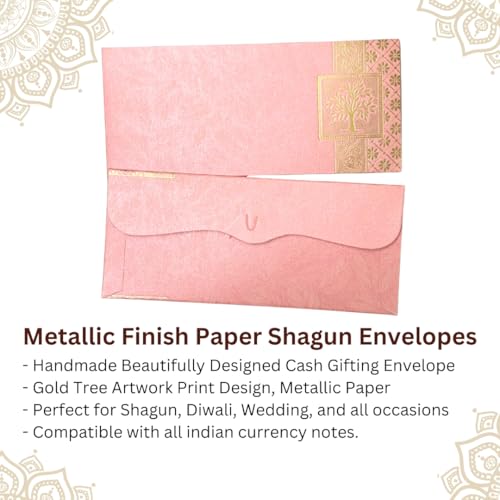 Image of Pack of 100, Rectangle Shape Metallic Paper Shagun Envelopes for Gifting Sagan Lifafa Wedding Occasion Cash Money, 18 X 8 cm, Pink Color - Gold Tree Design