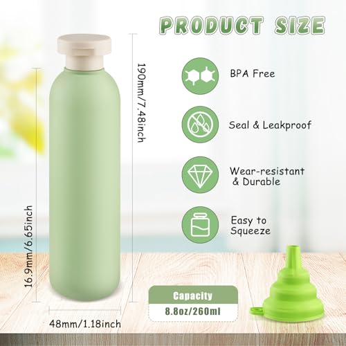 8.8 oz/260ml Plastic Travel Shampoo Bottle,9 Pack Green Empty Refillable Squeeze Bottles with Flip Cap,Lotion Container for Cream,Toiletries,Conditioner-Free Silicone Funnel3