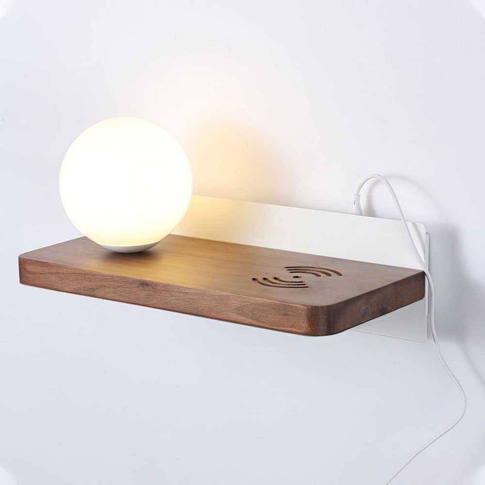 SXECAEPS Globe Walnut Wall Light Glass Bedside Sconce Lamp with USB Port Charging, Modern Headboard Lighting Fixture, Contactless Charge G9 Lamps for Bedroom Living Room