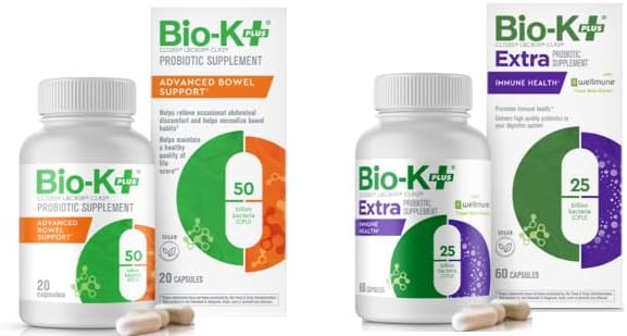 Bio K+ Vegan Probiotic Bundle  Immune Health w/Wellmune 25B CFU (60 Caps) + Advanced Bowel Support 50B CFU (20 Caps), 2 Products for Gut, Immunity & Digestive Balance, Delayed Release
