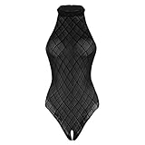 QinCiao Women's Plaid Sheer Mesh Sleeveless See Through Leotard Bodysuit Body Tops Teddy Turtleneck Black One Size