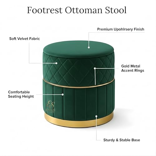 Image of Set of 2 Round Velvet Ottoman Footstool Gold Base - Tufted Upholstered Pouffe Stool for Living Room, Bedroom & Dressing Area (Green)