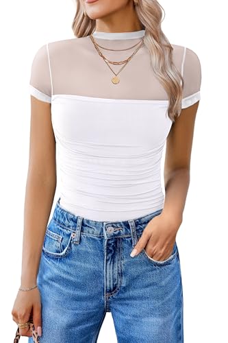 Image of Avidlove Women's Short Sleeve Bodysuit Turtle Neck Body Suits Mesh One Piece Leotard Going Out Tops Date Outfits