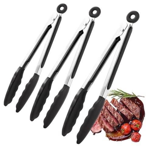 Pinzas para asar, 3 piezas de utensilios de cocina antideslizantes, pinzas de acero inoxidable con puntas de silicona – para cocinar barbacoas, camping y servir