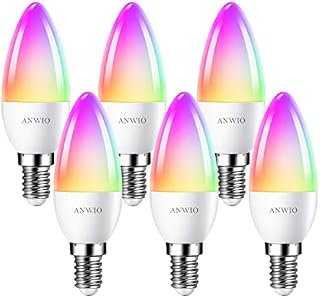 ANWIO E14 Candle Smart WiFi LED Bulb, C37 Dimmable RGB Bulbs,470Lm, 5W Replace 40 Watt Alexa Candle Light Bulb,Light Changing Bulb,Google Assistant,E14 Remote Control Bulb (6 Pack)