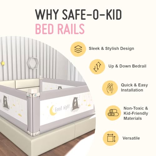Image of SAFE-O-KID 1 Side Bed Rail (6 Ft /182 cm) with 1-Year Warranty | Bed Railing for Baby Safety |Adjustable Height & Portable | Bed Protector for Baby Falling - Grey