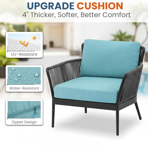 Image of DEVOKO Outdoor Living with Our 3 Piece Patio Set, Grey Rope Bistro Furniture with Sky Blue Cushions, Ideal for Balcony, Backyard Or Porch Provides Durability & Style