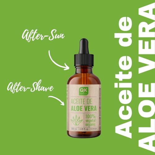 QKnatur – ALOE VERA ÖL – Rein, natürlich und biologisch – 100 ml Glasflasche + Pumpe – Intensive Pflege für Gesicht, Körper, Haare und Augenkontur