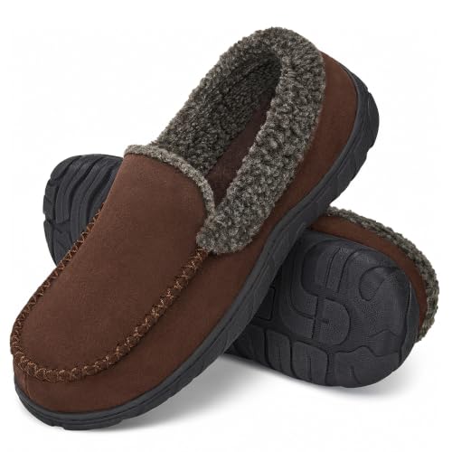 Image of Men's Moccasin House Slippers Memory Foam Suede Plush Indoor Bedroom Shoes | Fuzzy Non-Slip Warm Winter Comfy Cowboy Slippers for Indoor Outdoor Home Dad Husband Grandpa Gifts Black Brown Grey
