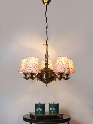 Image of Devansh 05 Lights Printed conical Cotton Shade with Antique Golden Chandelier -C