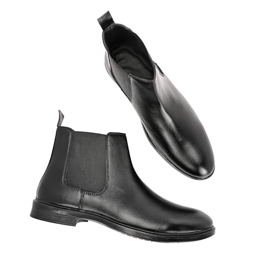 Image of Men's Chelsea Boots, Black Leather, Elastic Side Panel, Pull-On Style, Low Heel