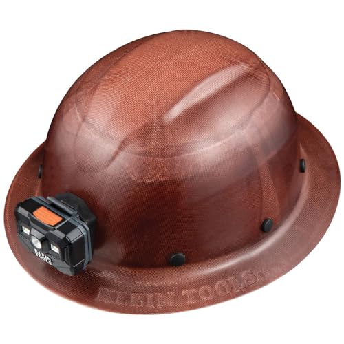 Klein Tools 60447 Hard Hat Full Brim Class G KONSTRUCT Series Hard Hat with Rechargeable Headlamp Sweat-Wicking Sweatband Top Pad Brown