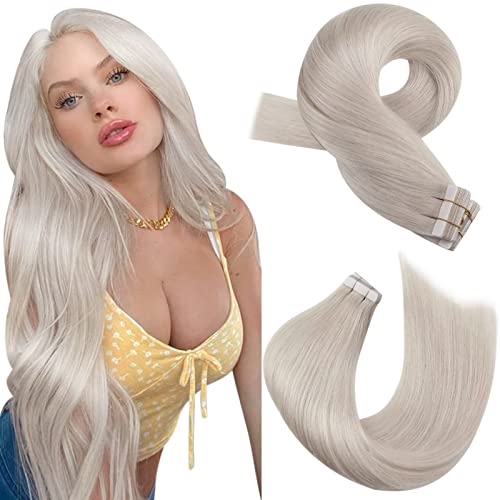 Moresoo Tape in Hair Extensions Human Hair 18 Inch White Blonde Invisible Tape Hair Extensions Real Human Hair Blonde for Women Remy Straight Hair 20 Pieces/50g #60A