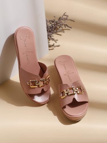Image of Bruno Manetti Women's Slipon Back Open with Upper Golden Buckle Round Toe Comfort Platform Wedges