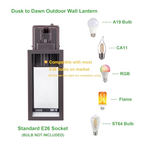 LIT-PaTH Dusk to Dawn Outdoor Wall Lantern, Wall Sconce as Porch Lighting Fixture, E26 Medium Base Max 60W, Anti-Rust Metal with Glass Shade, Oil Rubbed Bronze Finish, 2-Pack by LIT-PaTH - Image 3