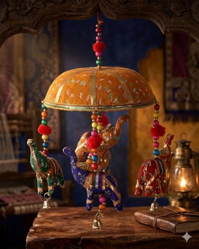 Image of Bindian Handcrafted Rajasthani Wind Chime with Bells, Multicolour, 72x23 cm, Traditional Wall Hanging for Home, Garden & Balcony (Green Wind Chime-1)