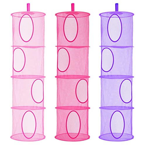 LIVEHITOP 4 Stufe Hängeaufbewahrung, 3PC Faltbare Speichern Sie Platz Lagerkorb für Kinderzimmer, Badezimmer, Balkon (Rosa, Rose, Lila)