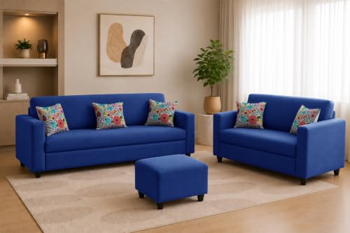 Image of Rosebell 3+2 Fabric Sofa Set with Ottoman | Premium Upholstery 5-Seater Sofa | with Printed Cushions | Living Room Furniture |Blue-Color