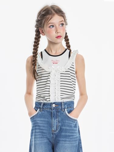 Image of Girls Tank Tops Summer Sleeveless Camisole Vest Stripes and Bows Cute Shirt for 6-16years