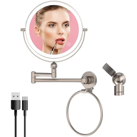 Rocollos Height Adjustable Wall Mounted Makeup Mirror with Towel Ring, Double Sided 1X/10X Magnifying Rechargeable LED Vanity Mirror with Lights 360 Swivel Extendable Arm Lighted Cosmetic Mirror Cover