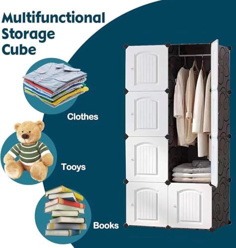 Image of EXVITO Collapsible Wardrobe Storage Cabinet | 8 Door Plastic Modular Clothes Organizer for Kids | Foldable Wardrobe Storage Rack with Hanging Space | Multi-Purpose Kids Closet Organizer - White