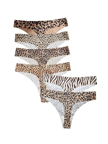 Women's 6 Pack Seamless Thongs Sexy Leopard Print Panties G-String Cheeky Underwear Low Rise Cheetah Print Thongs