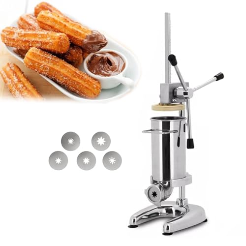 Kindevieft MáQuina para Hacer Churros Manual Comercial, MáQuina para Hacer Rosquillas Manual, MáQuina para Hacer Churros EspañOles De Acero Inoxidable con 5 Boquillas,2L
