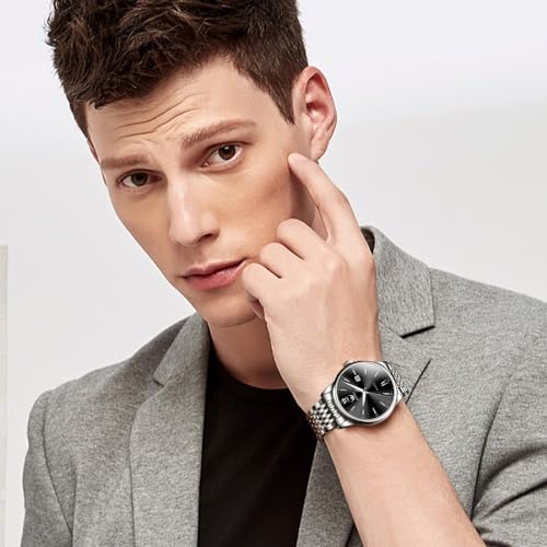 OLEVS Mens Watch Silver Stainless Steel Watch for Men with Date Waterproof Analog Dress Men's Watch Classic Simple Quartz Big Face Men's Wrist Watches