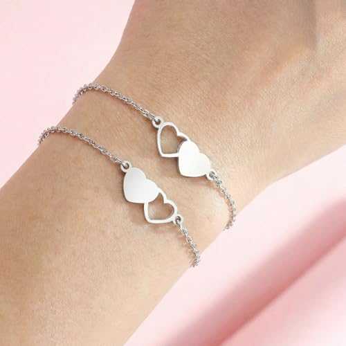 Image of 2 & 3 Pcs Triple Heart Link Sister BFF Bangle Bracelet Set | Matching Bestie Friendship Jewelry, Mother's Day Graduation Gifts for Women Teengirls
