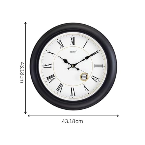 Image of Rikon RK-48 PL Roman Black Classic Round Analog Wall Clock - 43.18 x 43.18 cm Premium Plastic Design for Home, Office, Living Room Decor