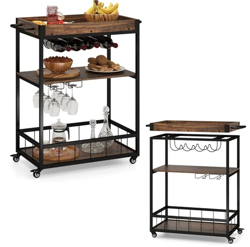KOMFOTTEU Carrello da cucina con ruote, carrello ausiliario con vassoio estraibile, supporto per bottiglie e tazze, carrello di servizio con 2 portasciugamani per sala da pranzo, soggiorno, 84 x 40 x