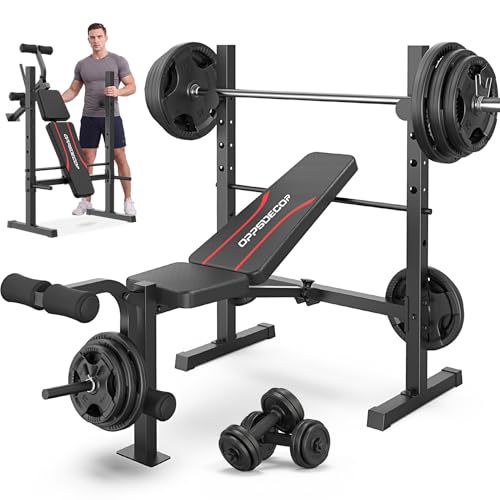 OPPSDECOR Standard Adjustable Weight Bench Set, Bench Press with Squat Rack & Leg Extension and Leg Curl Workout Bench for Home Gym Full Body Workout Folding Strength Training Adjustable Benches (Deep Black)