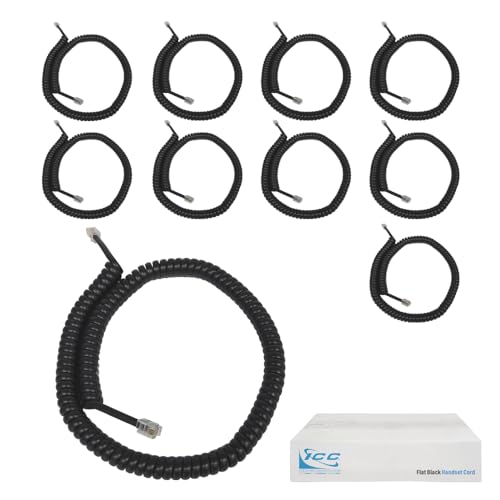 ICC Telephone Handset Cord/Phone Cord, 12 Ft – RJ9 (RJ22) Connectors, Flat Black, 10-Pack – Curly Coiled Tangle-Free Design for PBX & VoIP Phones