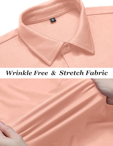 URRU Camisa social masculina slim fit stretch sem rugas manga curta casual abotoada, Couro rosa, P