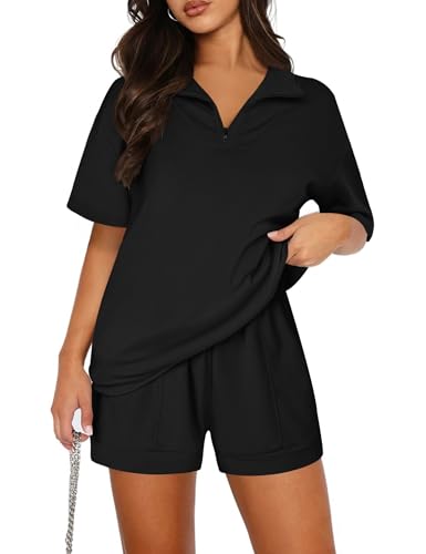 Aottori Jogginganzug Damen Kurze Trainingsanzüge Baumwolle Tracksuit Revers Elegant Loungewear Sommer Sport Set Lose Activewear 2 Teiler Outfit mit Taschen für Running Fitness Schwarz S