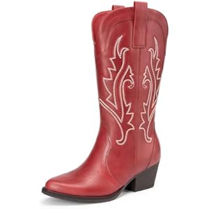 DREAM PAIRS Women's Cowboy Cowgirl Boots Embroidered Pointed Toe Low Heel Western Mid Calf Boot for Theme Party Country Concert 6.5 Red