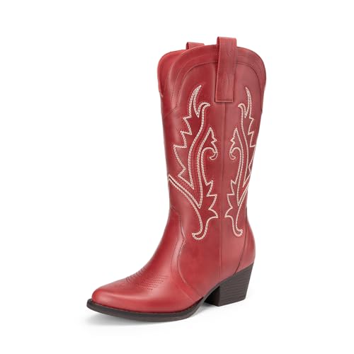 DREAM PAIRS Women's Cowboy Cowgirl Boots Embroidered Pointed Toe Low Heel Western Mid Calf Boot for Theme Party Country Concert 6.5 Red
