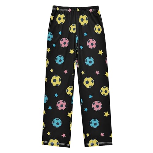 VIGTRO Pajama Pants Long Sleep Bottoms Colorful Soccer Balls Black Background, Soft Elastic Waist Lounge Pants with 2 Pockets Size 6-8 Years
