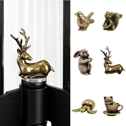6 Set Magnetic Hinge Heads Decorative Topper- Brass Sparrow Deer Rabbit Squirrel Sea Turtle and Teacup Cat Door Hinge Toppers Animal Lover Gift for Home Decor