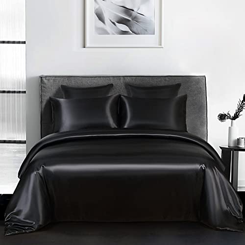 Nayoroom Black Satin Silk Duvet Cover Queen Size Luxury Solid Color Bedding Set 3 Pieces Summer Cooling Soft Smooth Silky Comforter Cover With Zipper Closure Corner Ties Gifts For Women Men #TOP10