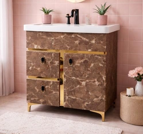Image of hd Glass Bathroom Vanity Cabinet with Ceramic Basin, Grey Marble Finish, Gold Accents, 1 Door & 2 Drawers (1)