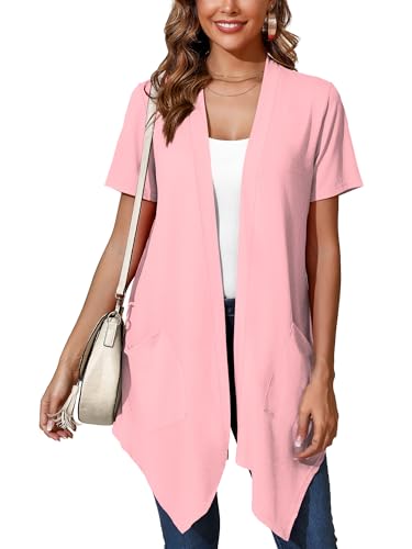 Image of Women's Lightweight Open Front Cardigans Short Sleeve Casual Soft Sheer Cardigan S-2XL with Pockets