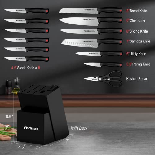 Astercook Knife Set With Built-In Sharpener Block, Dishwasher Safe Kitchen Knife Set With Block, 14 Pcs High Carbon Stainless Steel Block Knife Set With Self Sharpening And 6 Steak Knives, Black #TOP1