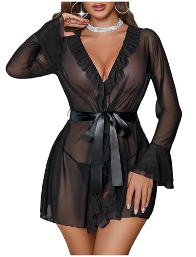 Avidlove Mesh Lingerie Robe Sets for Women Sexy Nightgown Long Sleeve Kimono Ruffle Nighty With Thong Black M