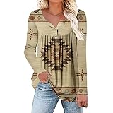 Tunika Damen Ethnisch Retro Stil Druck Oberteile Plissee Knopfleiste Bluse Lose Rundhals T-Shirt Freizeit Rüschen Pullover Bluse Tops Langarmshirt