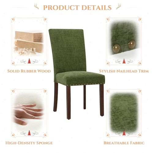 Image of Parsons Dining Chairs Set of 4, Upholstered Nailhead Dining Room Kitchen Side Chair with Thick Cushions and Wood Legs, Green