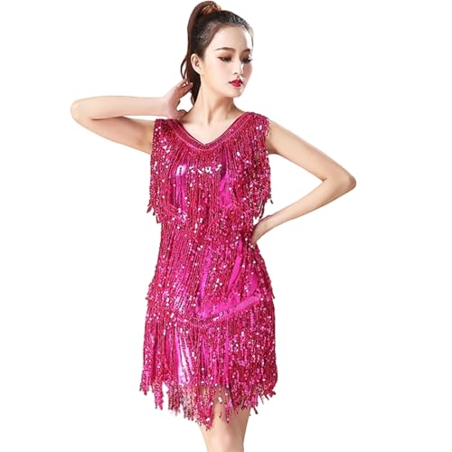 Robe à paillettes avec pompon fluide et col en V pour liberté de mouvement